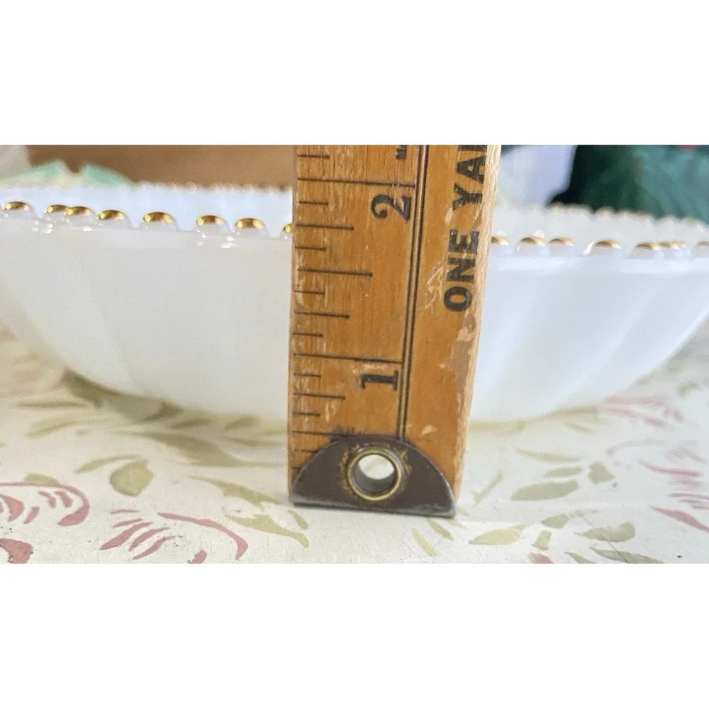 Vintage Anchor Hocking Milk Glass Divided Serving Tray Dish Gold Hobnail Dot MCM